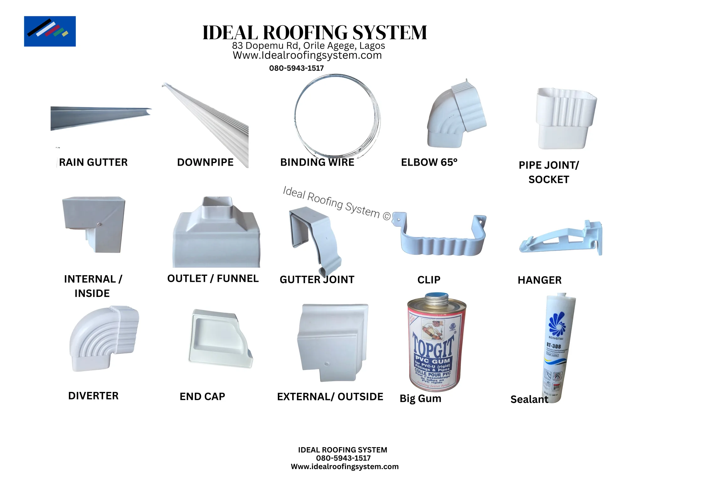 Ideal Roofing System PVC water collector sample sheet on a white background. Labelled parts: rain gutter, downpipe, binding wire, elbow 65 degrees, pipe joint socket, internal corner, outlet funnel, gutter joint, clip, hanger, diverter, end cap, external corner, Big Gum, and sealant. 83 Dopemu Rd, Orile Agege, Lagos. 080-5943-1517. www.idealroofingsystem.com.