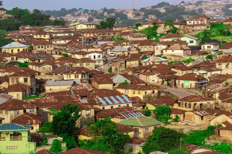 Aerial view of a rustic townscape with brown-roofed houses and lush trees.