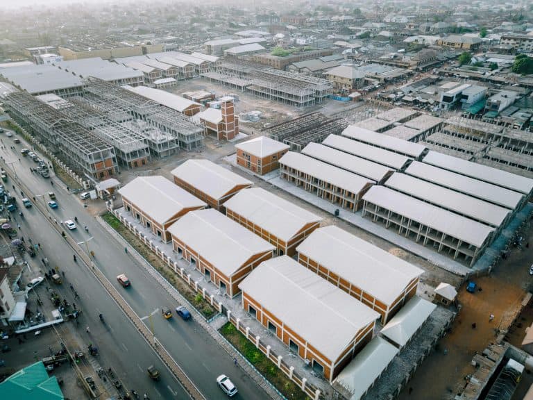 Aerial photo of new market construction in Kaduna, Nigeria, showcasing modern architecture.
