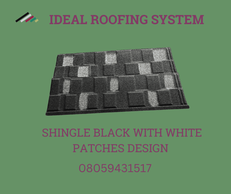 Shingle stonecoated roof sheets. Black with white patches